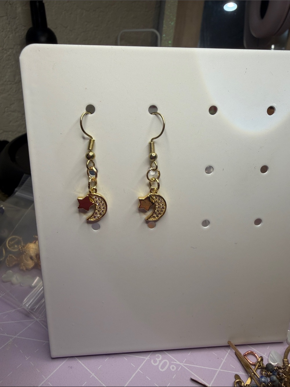 Gold Crescent Moon Dangle Earrings with Red Star Charm